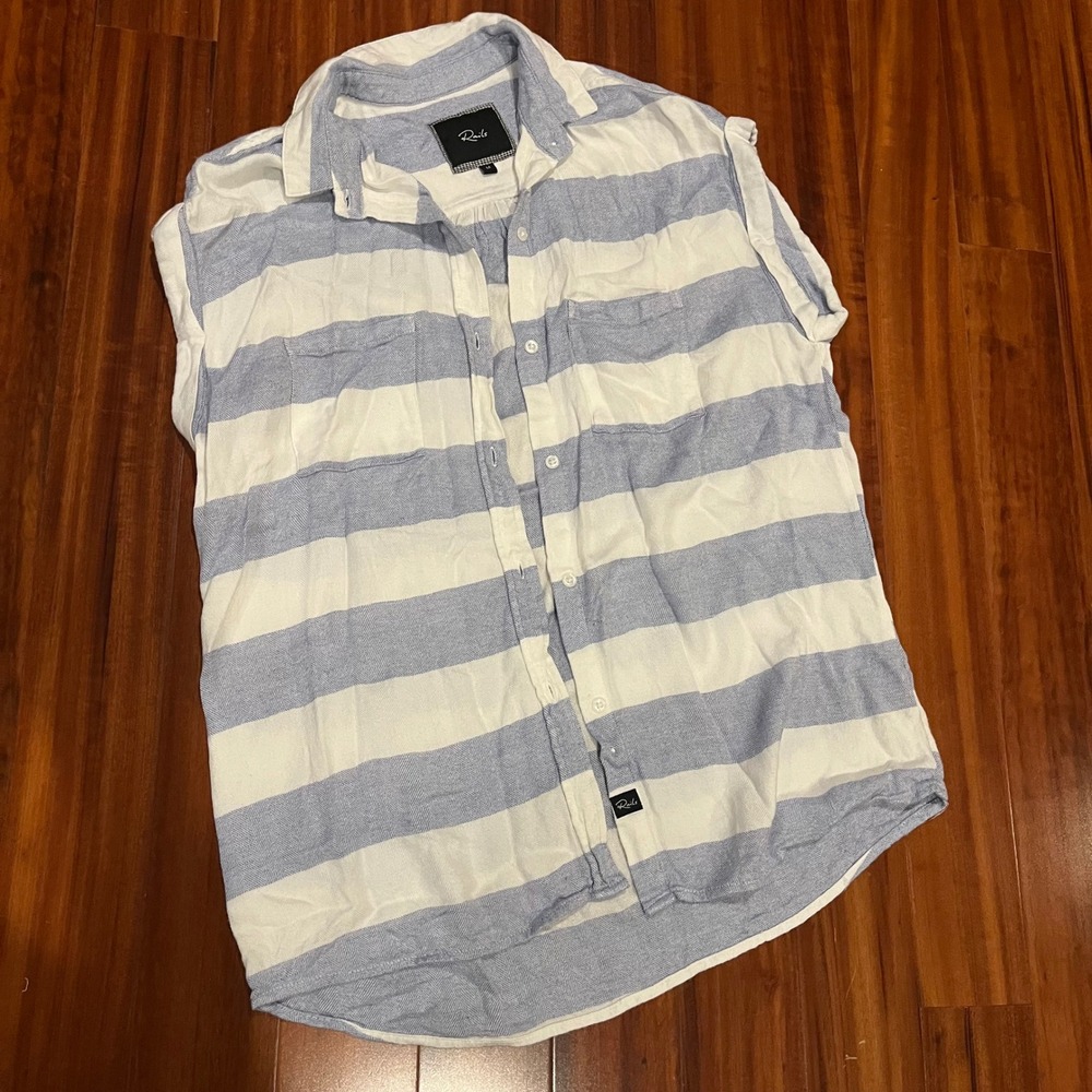 Rails Stripe Button Shirt Blue White Short Sleeve Roll Sleeve Casual Size Medium